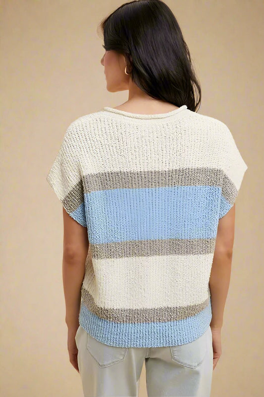 ANNIE WEAR - Colorblock Knit Short Sleeve Sweater in Sky Blue Mix