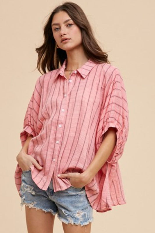ANNIE WEAR - Coral Pink Striped Half Sleeve Shirt