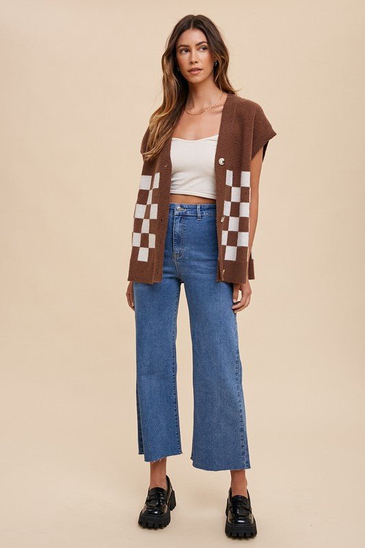 ANNIE WEAR - Dark Brown Checkered Short Sleeve Cardigan