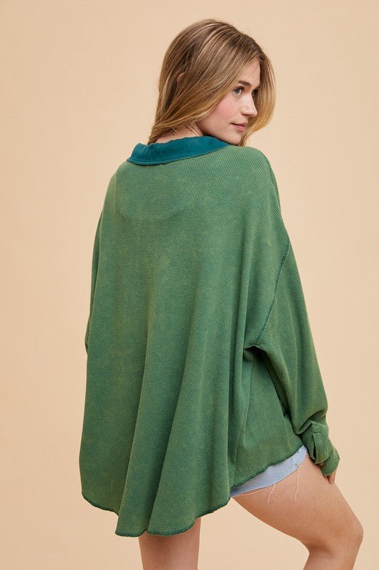 ANNIE WEAR - Dark Green Waffle Knit Mineral Washed Shirt
