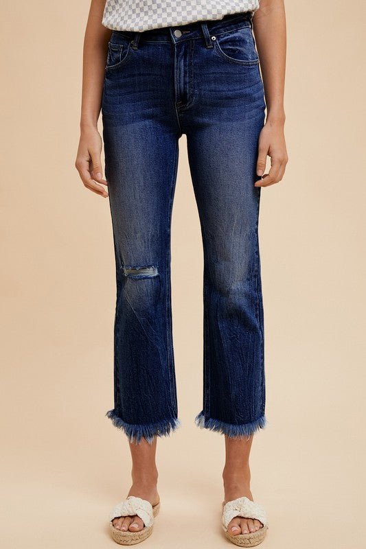 ANNIE WEAR - Dark Wash Distressed Raw Hem Cropped Jeans