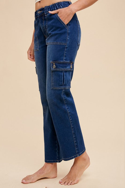 ANNIE WEAR - Dark Wash Straight Leg Cargo Jeans