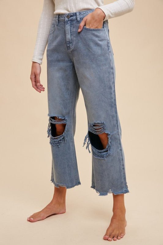 ANNIE WEAR - Dusty Blue Distressed Raw Hem Jeans