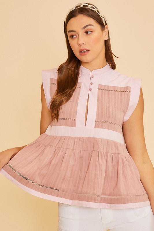 ANNIE WEAR - Dusty Pink Contrast Trim Cap Sleeve Peplum Blouse