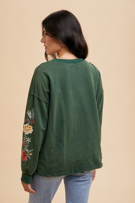 ANNIE WEAR - Embroidered Long Sleeve French Terry Top in Black Forest