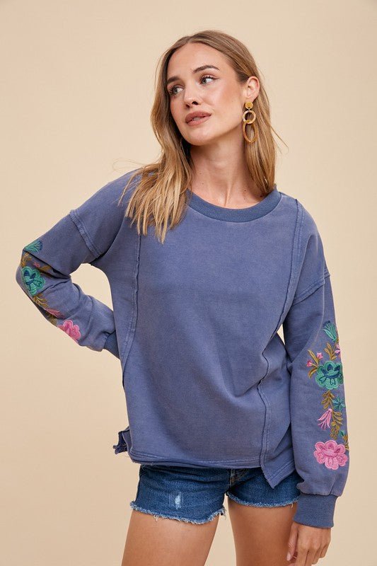 ANNIE WEAR - Embroidered Long Sleeve French Terry Top in Washed Midnight