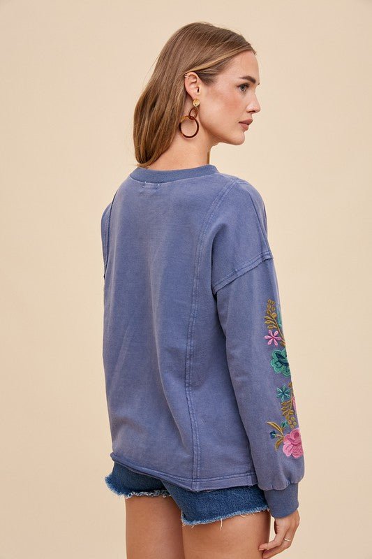ANNIE WEAR - Embroidered Long Sleeve French Terry Top in Washed Midnight
