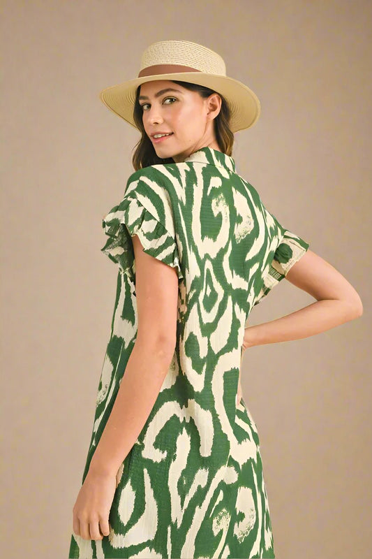 ANNIE WEAR - Green and Ivory Abstract Button - Down Mini Dress