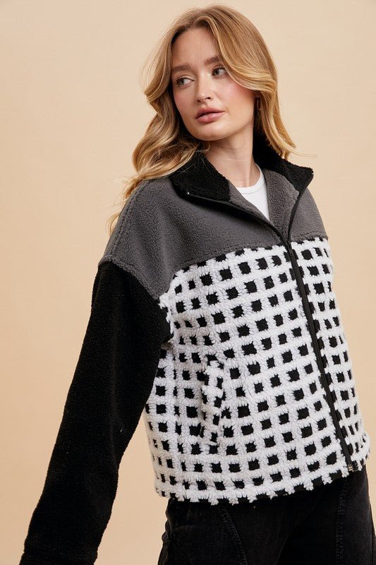 ANNIE WEAR - Ivory & Black Plaid Zip Up Sherpa Jacket