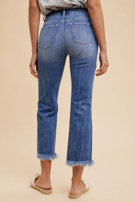 ANNIE WEAR - Medium Washed Distressed Raw Hem Cropped Jeans