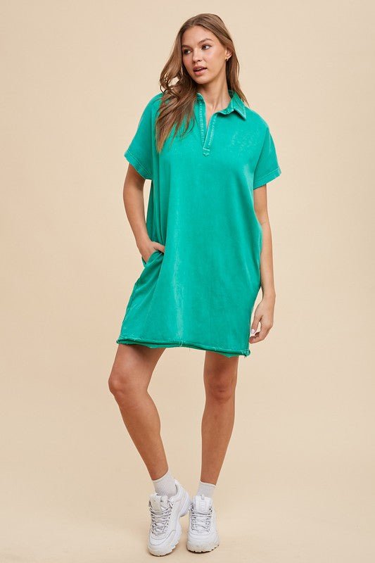 ANNIE WEAR - Mineral Washed Short Sleeve Mini Dress in Turquoise