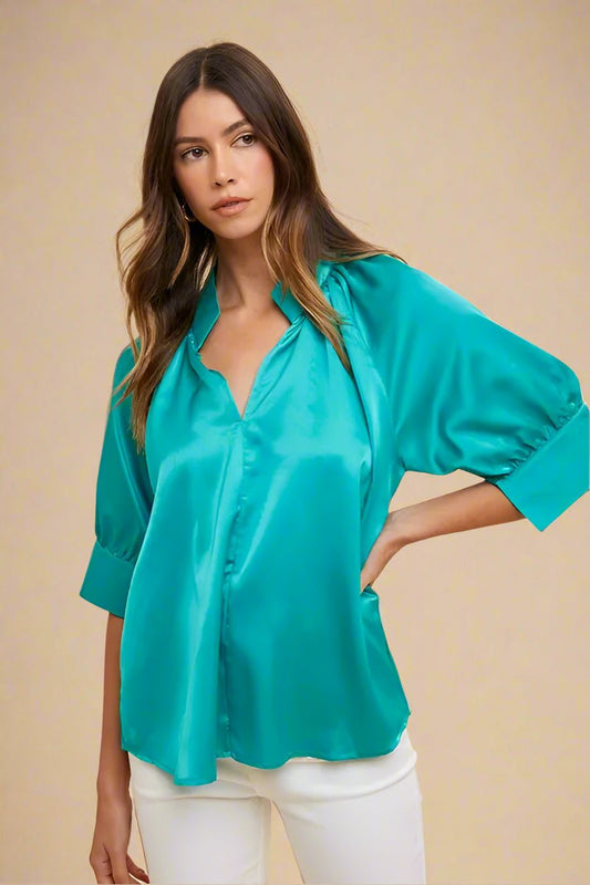 ANNIE WEAR - Satin Notch Neck Blouse in Aqua Blue