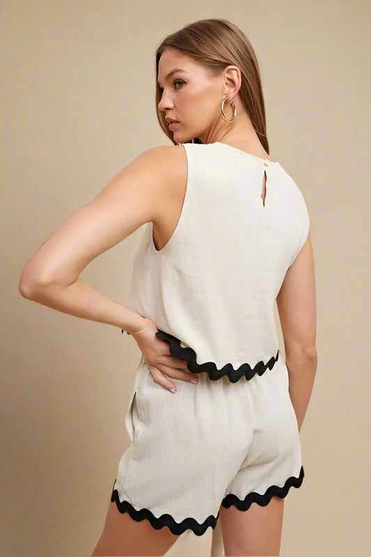 ANNIE WEAR - Scallop Trim Tank & Shorts Set in Oatmeal & Black