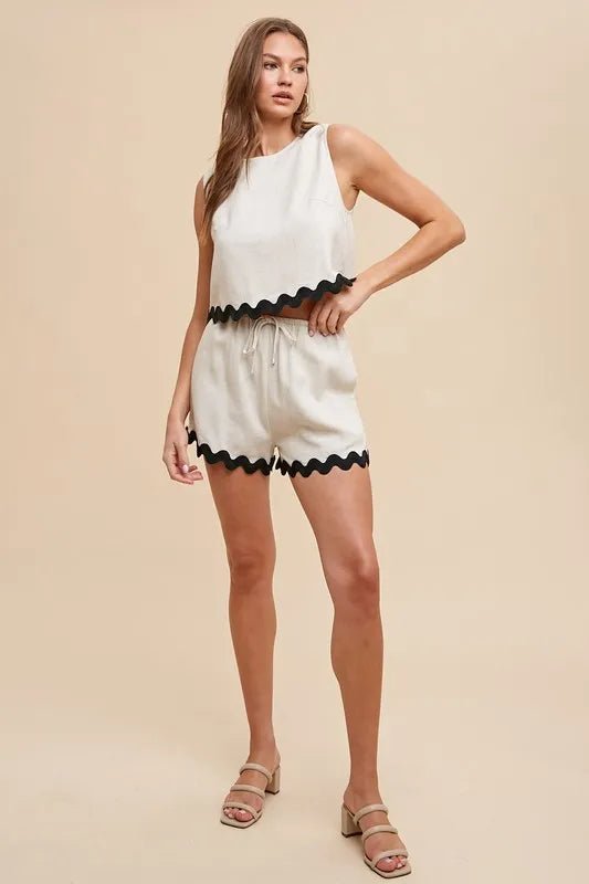 ANNIE WEAR - Scallop Trim Tank & Shorts Set in Oatmeal & Black