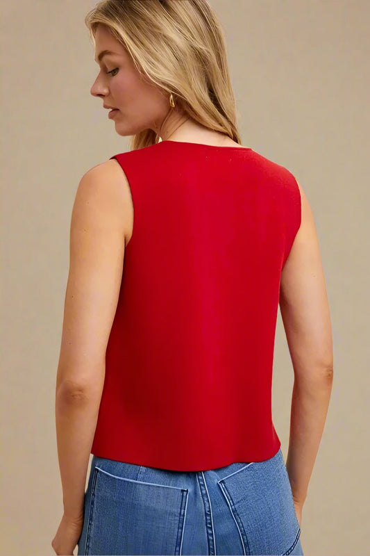 ANNIE WEAR - Sleeveless Split Hem Button Front Top in Red