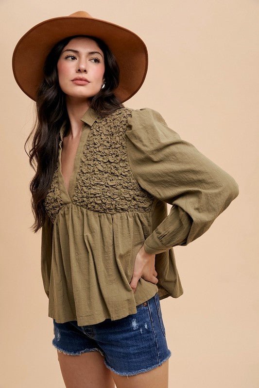ANNIE WEAR - Smocked Front Babydoll Blouse in Olive