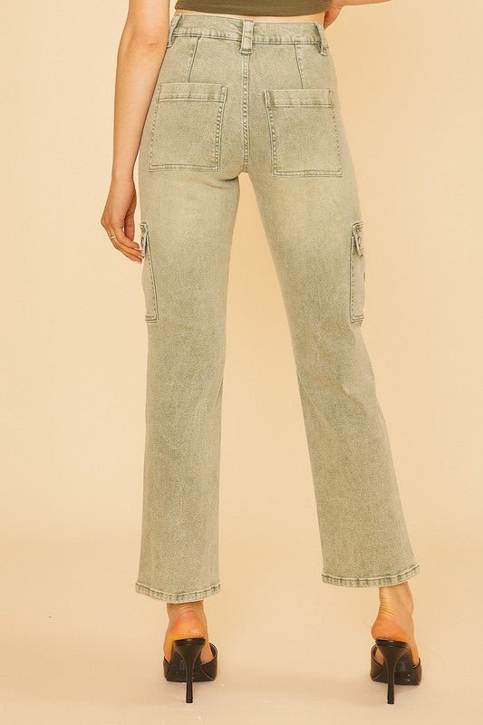 ANNIE WEAR - Straight Leg Cargo Jeans in Sage