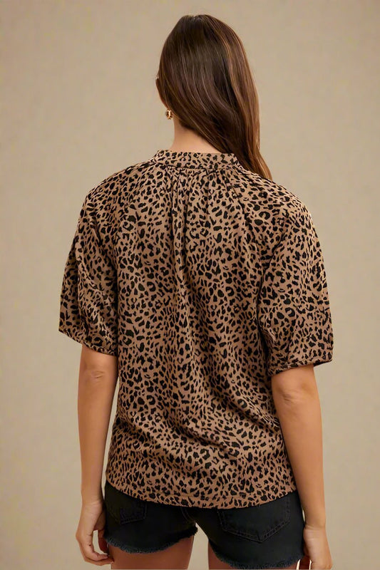 ANNIE WEAR - Tan & Black Leopard Print Puff Sleeve Blouse