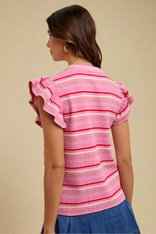 ANNIE WEAR - Textured Ruffle Sleeve Striped Top in Pink & Red