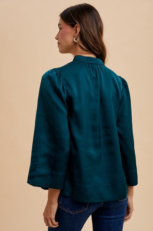 ANNIE WEAR - Three - Quarter Sleeve Satin Blouse in Deep Teal