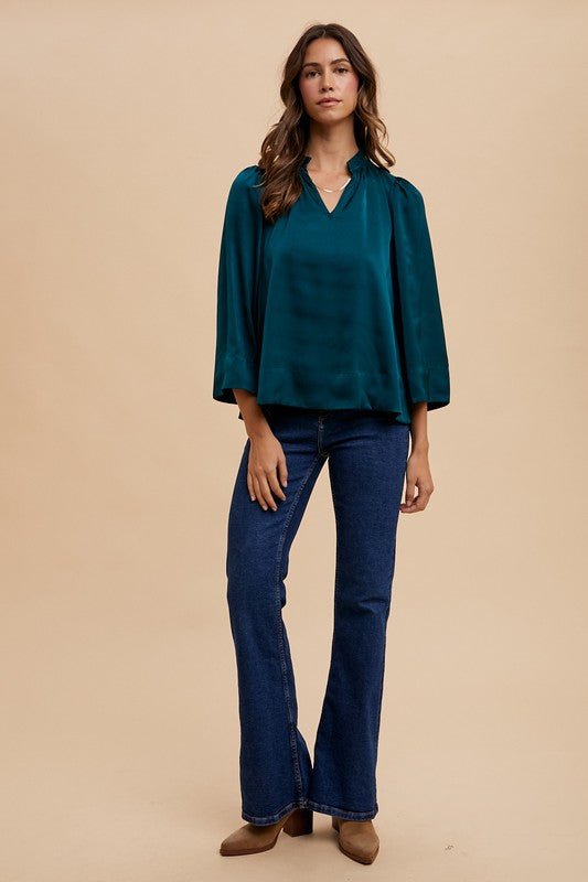 ANNIE WEAR - Three - Quarter Sleeve Satin Blouse in Deep Teal