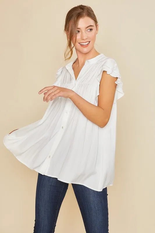 ANNIE WEAR - White Button - Down Ruffle Sleeve Blouse
