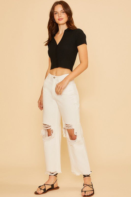 ANNIE WEAR - White Distressed Raw Hem Jeans