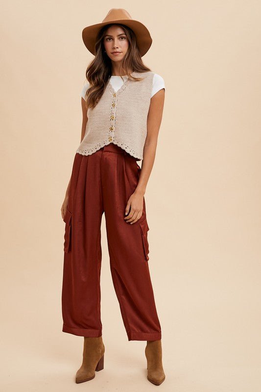 ANNIE WEAR - Wide Leg Satin Cargo Pants in Burgundy