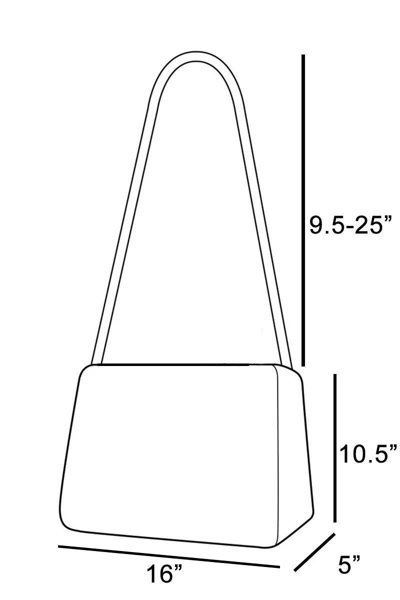 Line drawing of a handbag with dimensions labeled