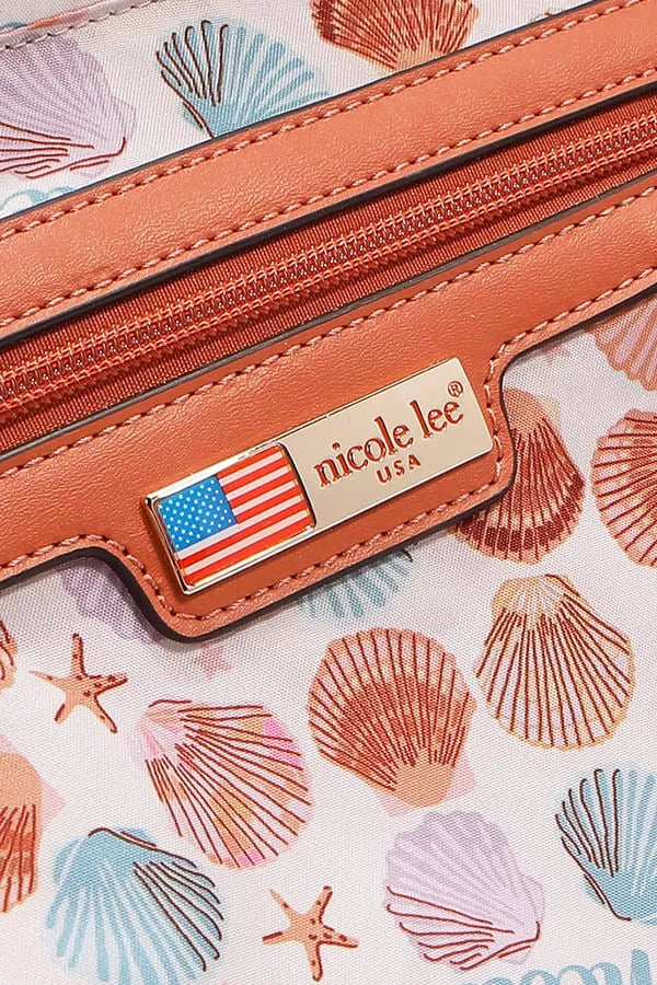 Close-up of a wallet with a shell pattern and Nicole Lee branding.