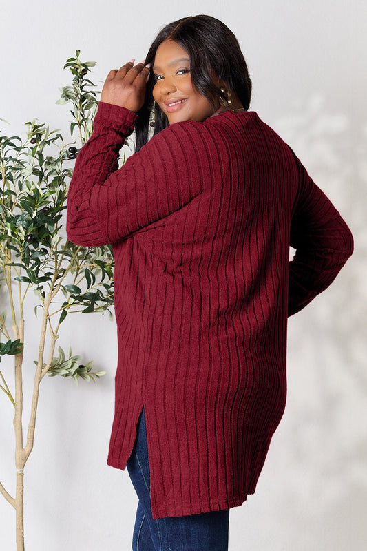 Basic Bae - Rib Knit Long Sleeve High - Low Hem Tunic Top