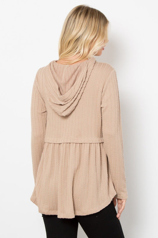 BE Stage - Long Sleeve Babydoll Cable Knit Hoodie in Taupe