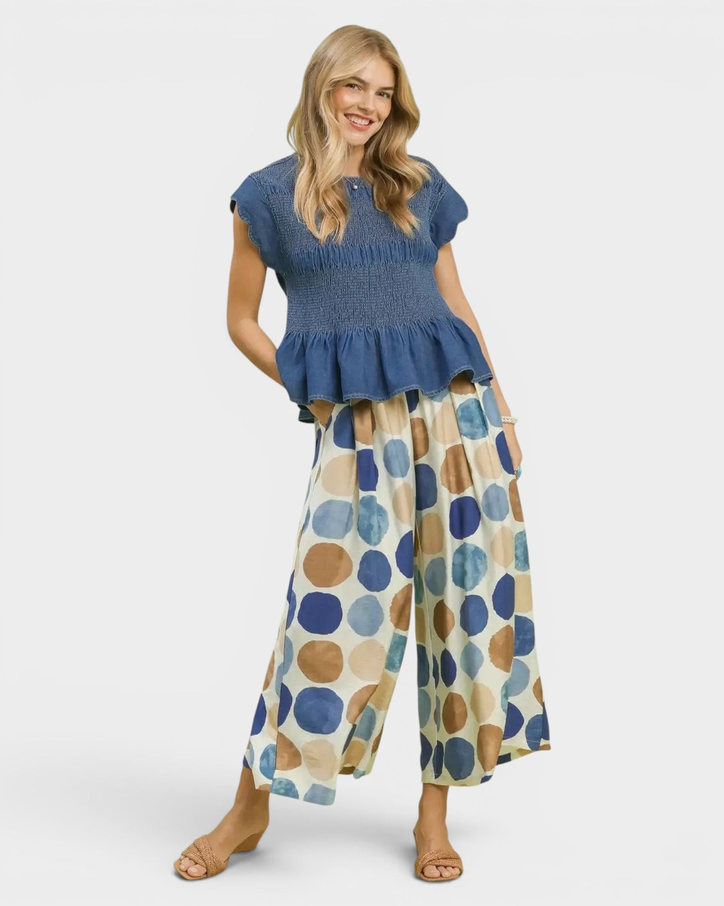 Beach Rose Co. wide leg pants with blue, brown, and cream polka dots. Made of 80% Rayon, 20% Nylon.