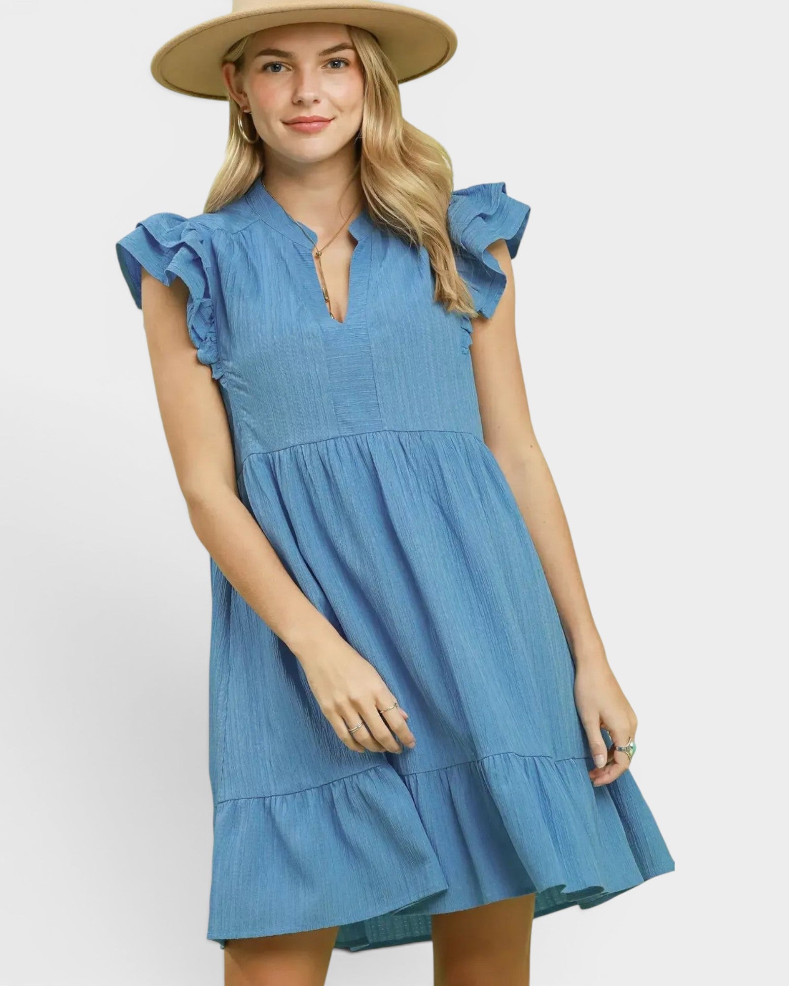 Umgee Ruffle Sleeve Babydoll Dress PERI BLUE / L Umgee Ruffle Sleeve Babydoll Dress PERI BLUE / L