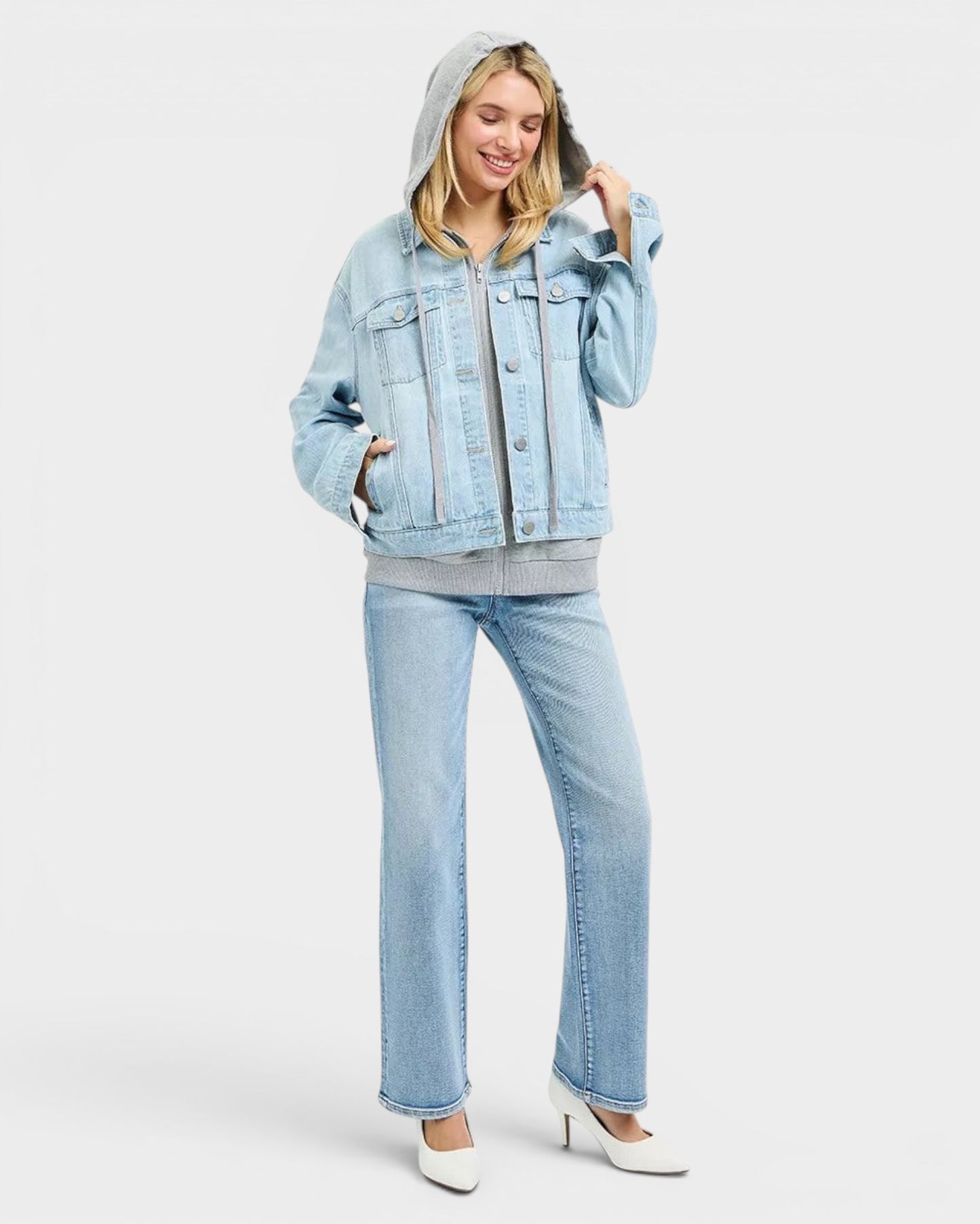Beach Rose Co. light wash denim jacket with gray hood and ribbed hem, zip front, chest pockets, relaxed fit.