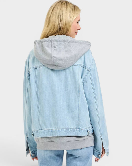 Beach Rose Co. light wash denim jacket with gray hood and ribbed hem, 100% cotton, relaxed fit, zip front, chest pockets.