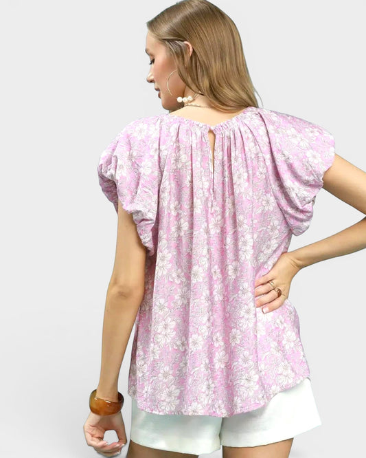 Beach Rose Co. pink floral print blouse with puff sleeves and gathered neckline, 80% Rayon, 20% Nylon.