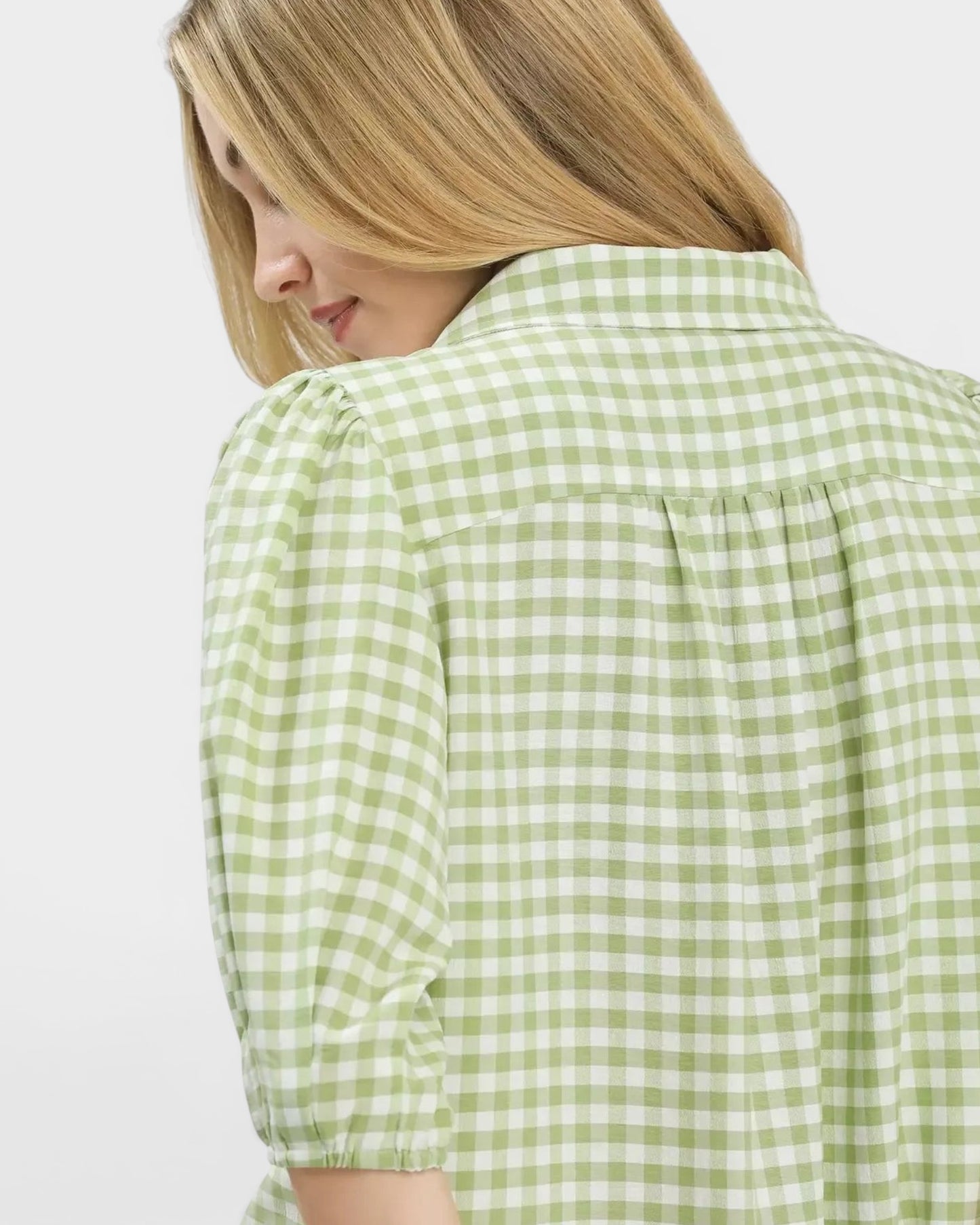 Beach Rose Co. sage green and white gingham puff sleeve collared blouse with elastic cuffs.