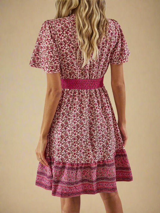 Beach Rose Co.Floral Smocked Waist Short Sleeve Mini Dress in Hot Pink