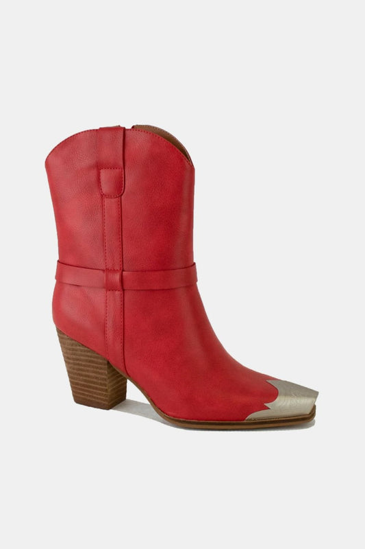 BEAST FASHION - Red Vegan Leather Metal Toe Cowgirl Boots