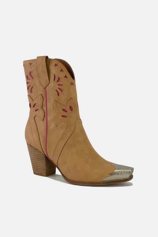 BEAST FASHION - Vegan Leather Cut Out Detail Cowgirl Boots in Camel
