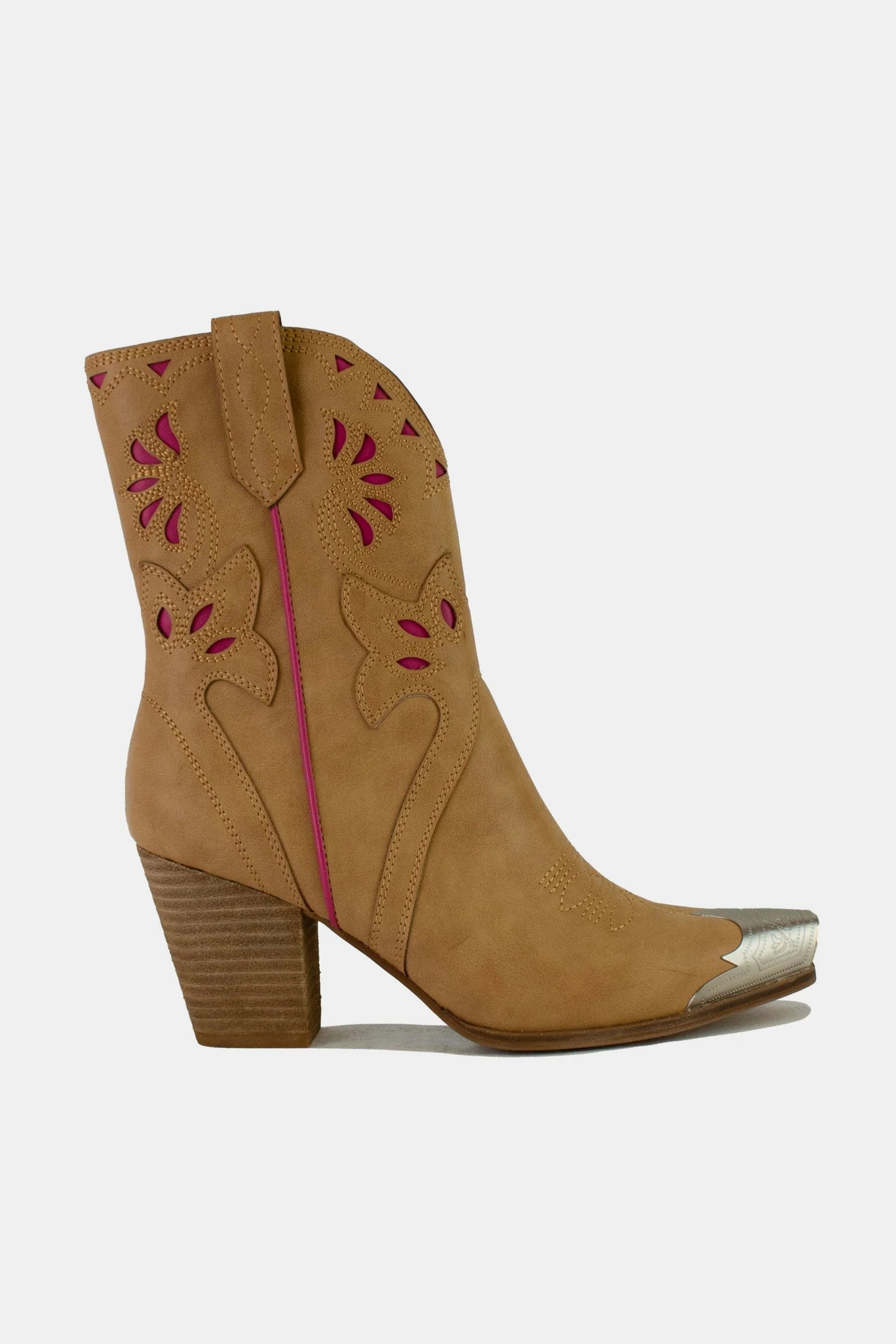 BEAST FASHION - Vegan Leather Cut Out Detail Cowgirl Boots in Camel