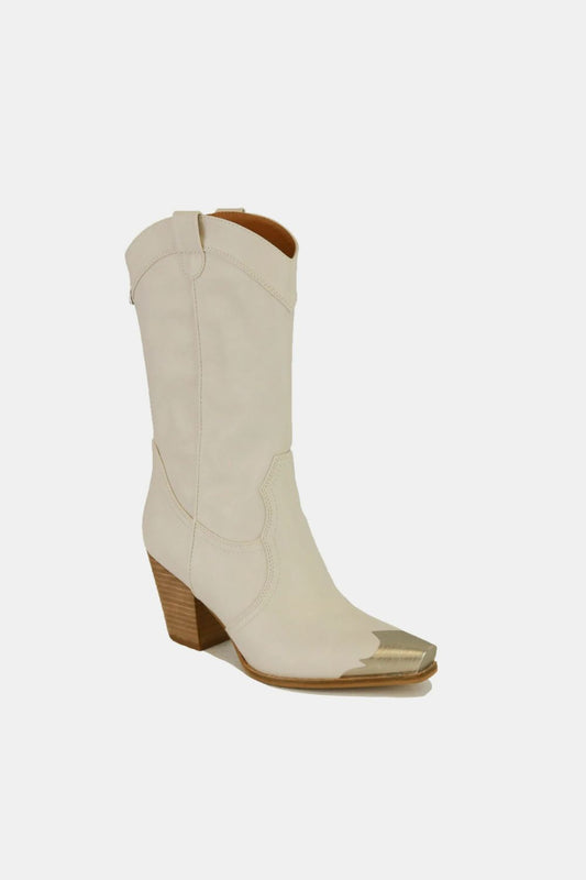 BEAST FASHION - Vegan Leather Metal Toe Cowgirl Boots in Ivory