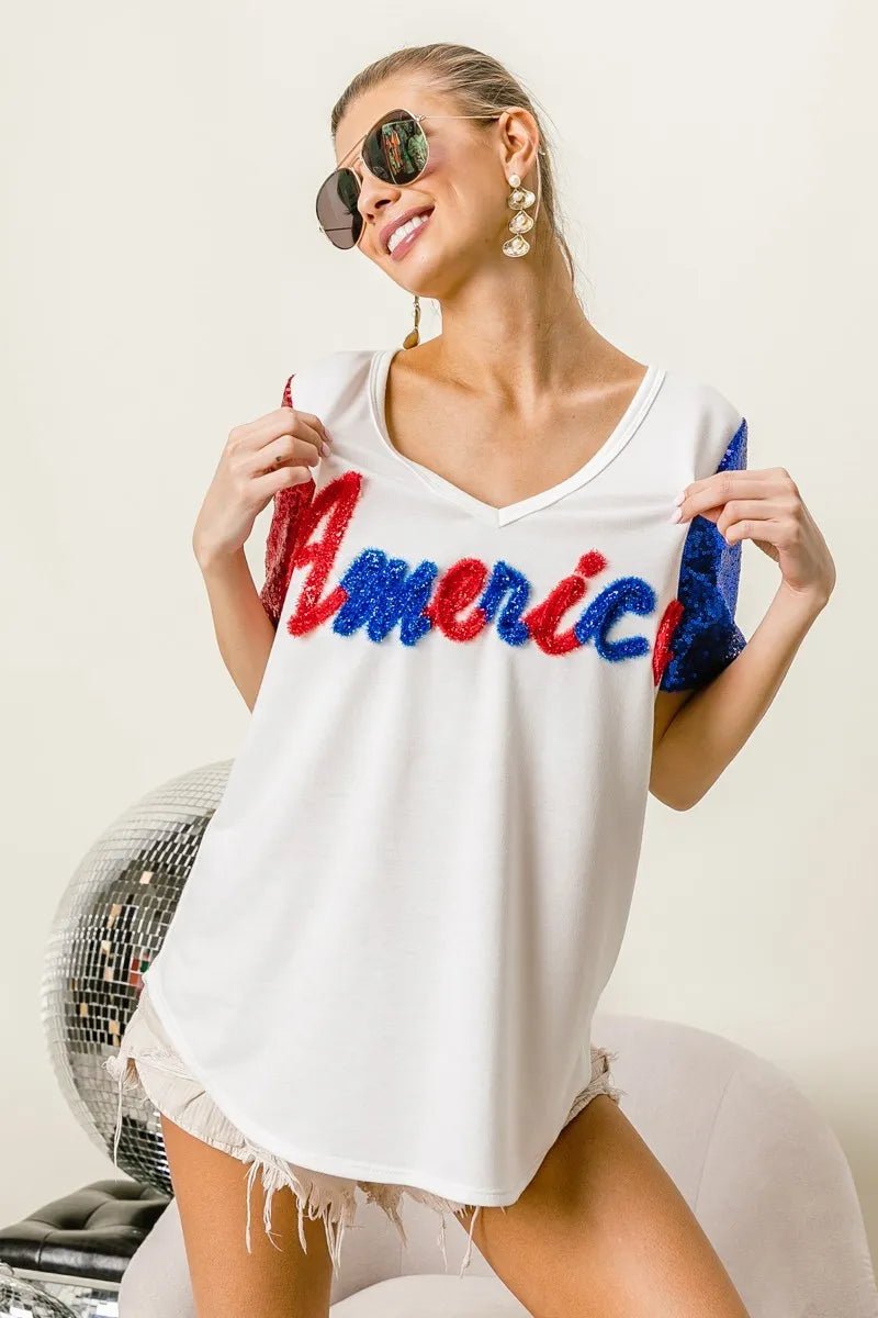 BiBi - America Sequin Sleeve V - Neck Tee in Red, White & Blue