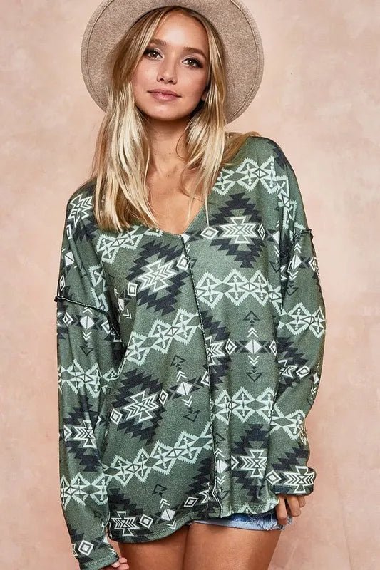 BiBi - Aztec Print V - Neck Pullover – Olive Moss & Charcoal