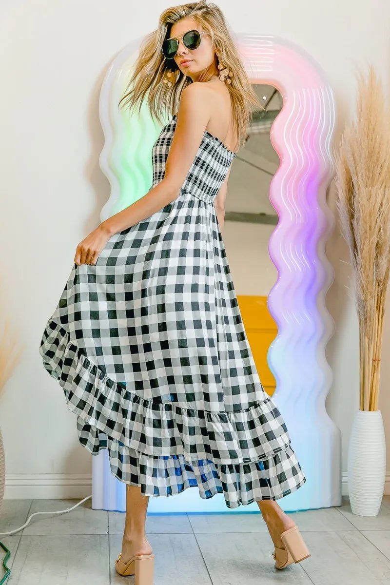 BiBi - Black Gingham Smocked Strapless High - Low Midi Dress