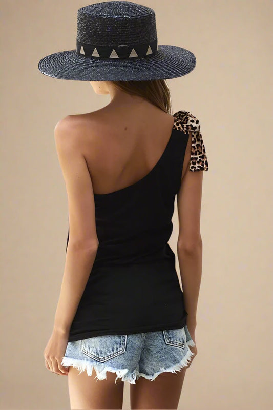 BiBi - Black One - Shoulder Top with Leopard Bow Strap