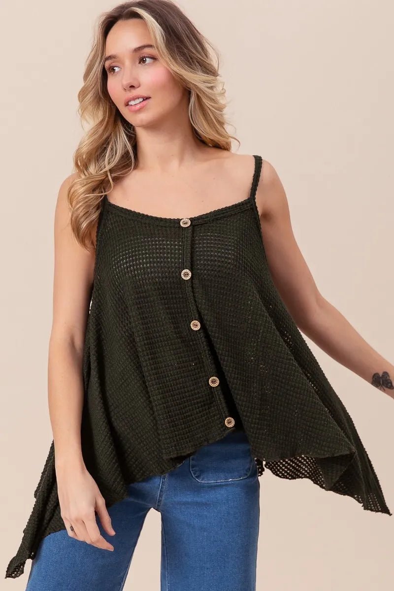 BiBi - Black Waffle Knit Button Front Asymmetrical Tank