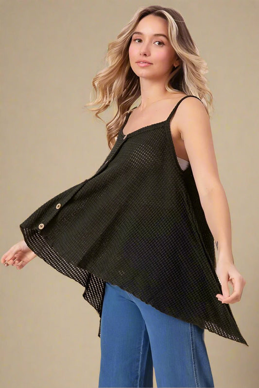 BiBi - Black Waffle Knit Button Front Asymmetrical Tank