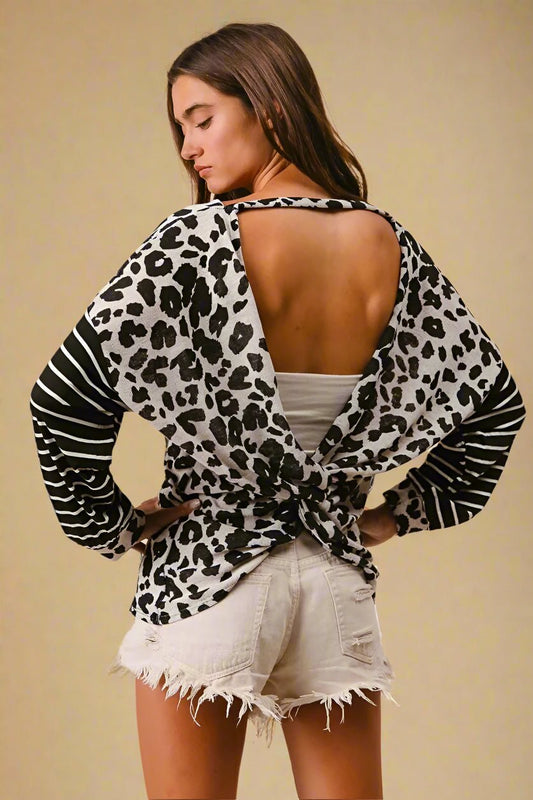 BiBi - Black & White Leopard Stripe Twist Back Top